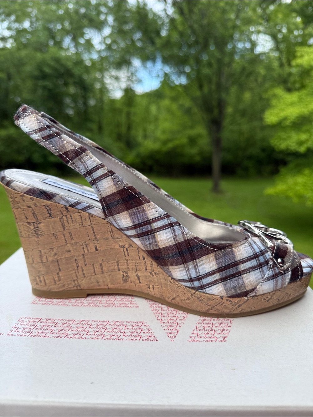 American Eagle Outfitters Brown Plaid Peep-Toe Slingback Wedge Sandals - Picture 8 of 14